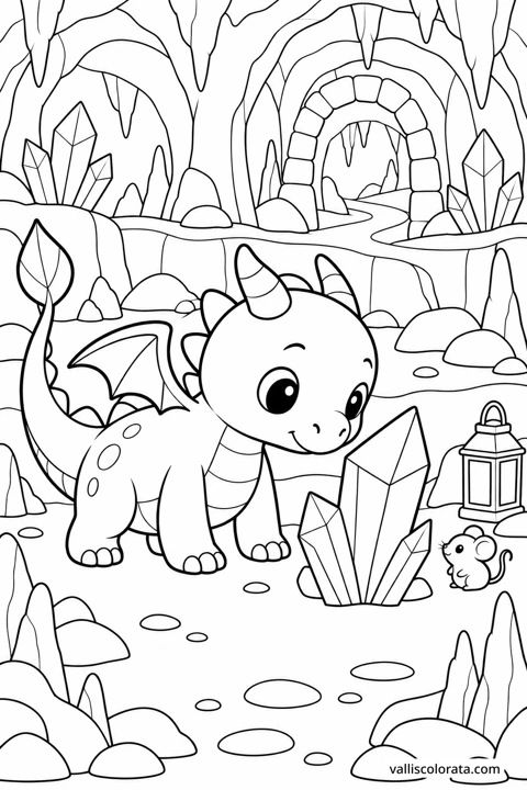 The Crystal Cave. A free Kawaii L2 coloring page from the Tiny Dragon Adventures series, with a detailed scene to color. Download an A4 PDF or branded PNG.