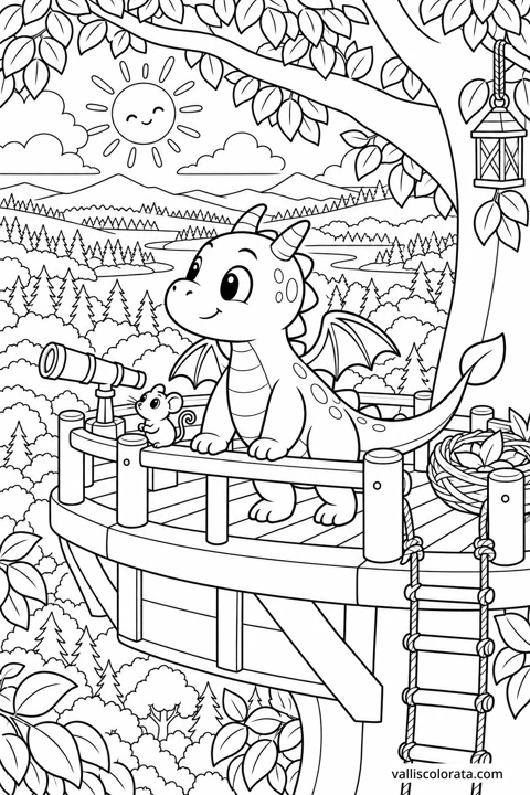 The Treetop Lookout. A free Kawaii L2 coloring page from the Tiny Dragon Adventures series, with a detailed scene to color. Download an A4 PDF or branded PNG.