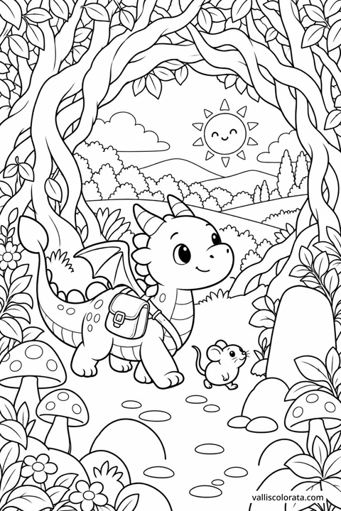The Archway Beyond the Wood. A free Kawaii L2 coloring page from the Tiny Dragon Adventures series, with a detailed scene to color. Download an A4 PDF or branded PNG.