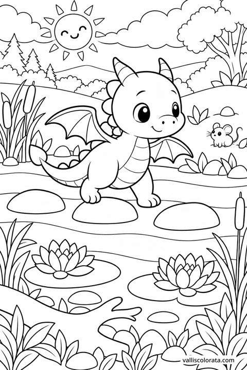 Across the River Stones. A free Kawaii L2 coloring page from the Tiny Dragon Adventures series, with a detailed scene to color. Download an A4 PDF or branded PNG.