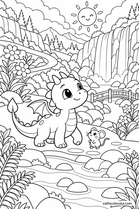 The Waterfall Path. A free Kawaii L2 coloring page from the Tiny Dragon Adventures series, with a detailed scene to color. Download an A4 PDF or branded PNG.