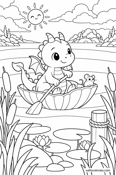 The Shell-Shaped Boat. A free Kawaii L2 coloring page from the Tiny Dragon Adventures series, with a detailed scene to color. Download an A4 PDF or branded PNG.