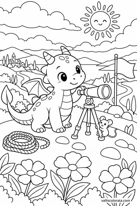 The Hilltop Telescope. A free Kawaii L2 coloring page from the Tiny Dragon Adventures series, with a detailed scene to color. Download an A4 PDF or branded PNG.
