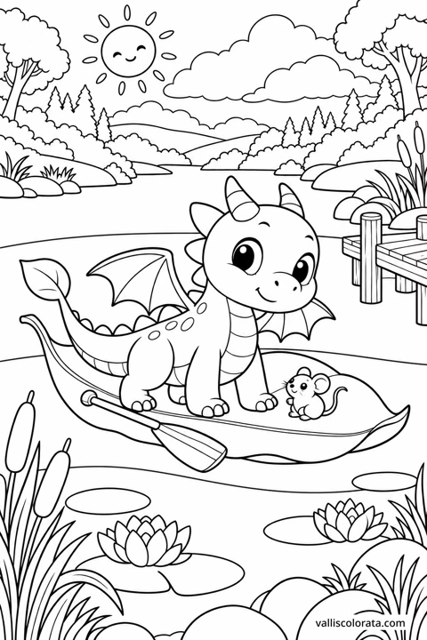 A Ride on the Floating Leaf. A free Kawaii L2 coloring page from the Tiny Dragon Adventures series, with a detailed scene to color. Download an A4 PDF or branded PNG.