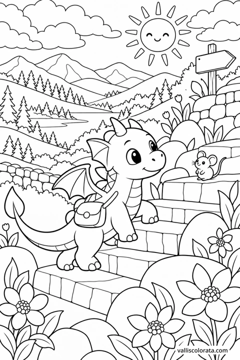 The Mountain Steps. A free Kawaii L2 coloring page from the Tiny Dragon Adventures series, with a detailed scene to color. Download an A4 PDF or branded PNG.