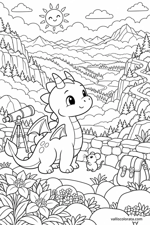 The Cloud Viewpoint. A free Kawaii L2 coloring page from the Tiny Dragon Adventures series, with a detailed scene to color. Download an A4 PDF or branded PNG.