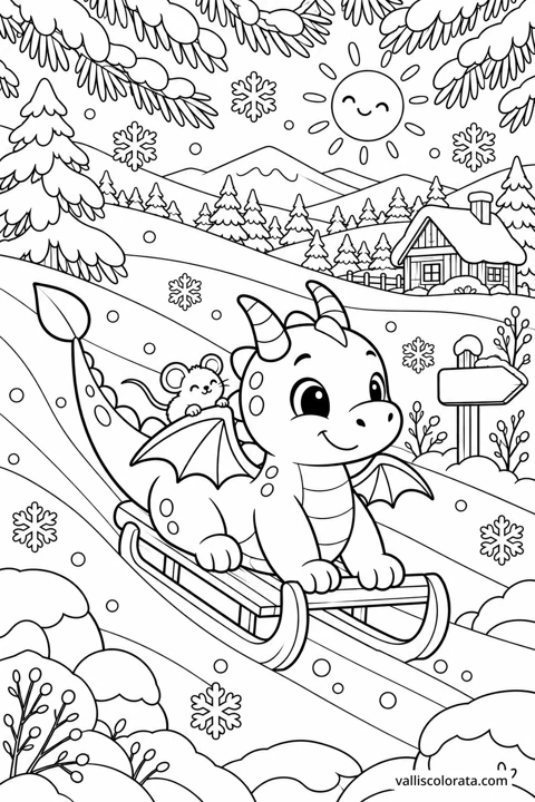The Snowy Slope. A free Kawaii L2 coloring page from the Tiny Dragon Adventures series, with a detailed scene to color. Download an A4 PDF or branded PNG.