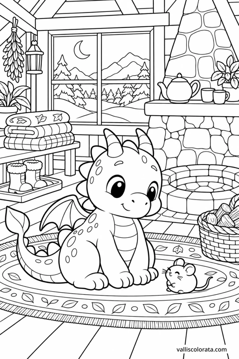 The Warm Mountain Hut. A free Kawaii L2 coloring page from the Tiny Dragon Adventures series, with a detailed scene to color. Download an A4 PDF or branded PNG.