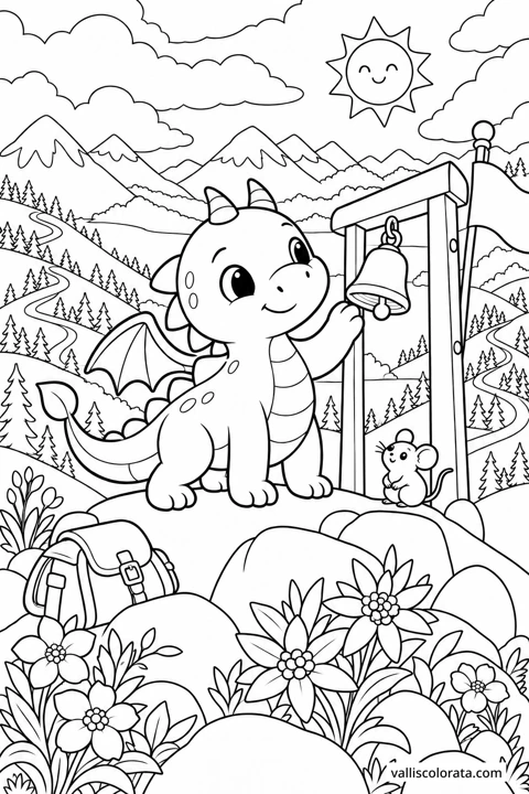 The Summit Bell. A free Kawaii L2 coloring page from the Tiny Dragon Adventures series, with a detailed scene to color. Download an A4 PDF or branded PNG.
