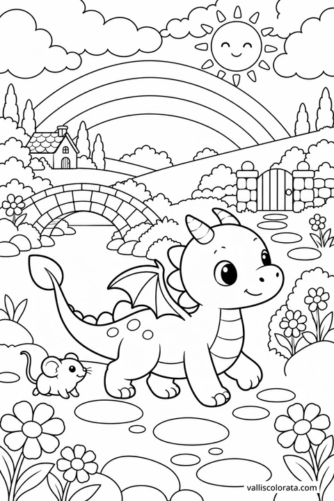 Under the Rainbow Arches. A free Kawaii L2 coloring page from the Tiny Dragon Adventures series, with a detailed scene to color. Download an A4 PDF or branded PNG.