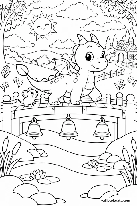 The Bridge of Bells. A free Kawaii L2 coloring page from the Tiny Dragon Adventures series, with a detailed scene to color. Download an A4 PDF or branded PNG.