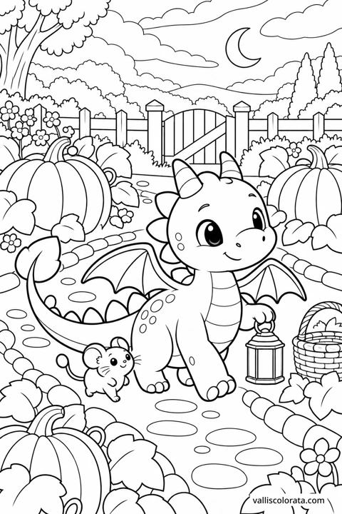 The Pumpkin Lantern Path. A free Kawaii L2 coloring page from the Tiny Dragon Adventures series, with a detailed scene to color. Download an A4 PDF or branded PNG.