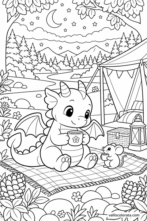 The Starlit Campsite. A free Kawaii L2 coloring page from the Tiny Dragon Adventures series, with a detailed scene to color. Download an A4 PDF or branded PNG.