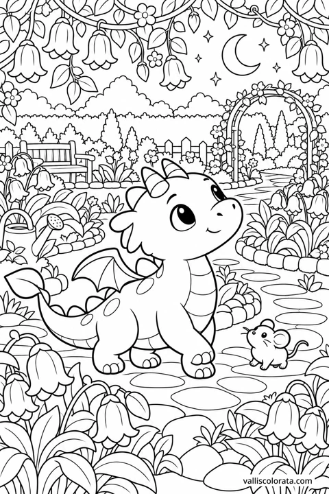 The Moonlit Garden. A free Kawaii L2 coloring page from the Tiny Dragon Adventures series, with a detailed scene to color. Download an A4 PDF or branded PNG.