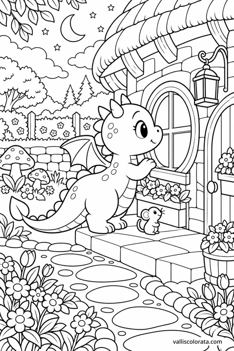 Light in the Cottage Window. A free Kawaii L2 coloring page from the Tiny Dragon Adventures series, with a detailed scene to color. Download an A4 PDF or branded PNG.