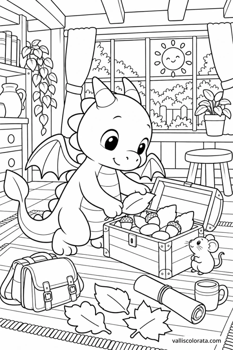 Bojanka: Blago od lišća. Besplatna Kawaii bojanka razine L2 iz kolekcije Pustolovine malih zmajeva. Preuzmite A4 PDF ili PNG s oznakom Vallis Colorata.