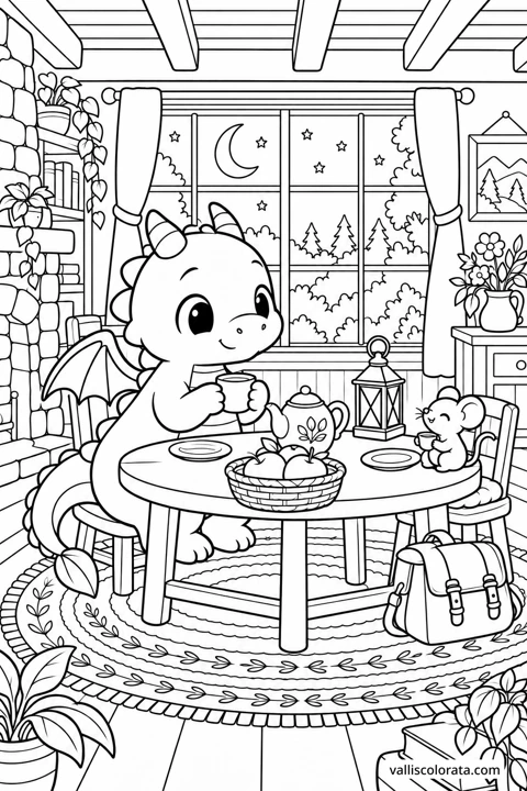A Table for Two. A free Kawaii L2 coloring page from the Tiny Dragon Adventures series, with a detailed scene to color. Download an A4 PDF or branded PNG.