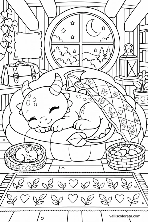 Dreaming of Tomorrow. A free Kawaii L2 coloring page from the Tiny Dragon Adventures series, with a detailed scene to color. Download an A4 PDF or branded PNG.