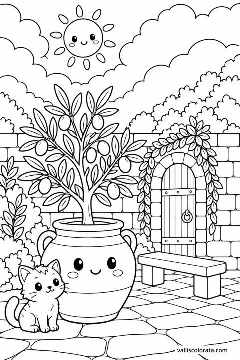 Olive Pot in the Courtyard. A Kawaii coloring page from Adriatic Stillness. Download the branded PNG or A4 PDF.