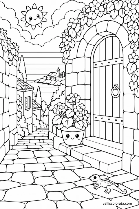 Arched Door on the Quiet Lane. A Kawaii coloring page from Adriatic Stillness. Download the branded PNG or A4 PDF.