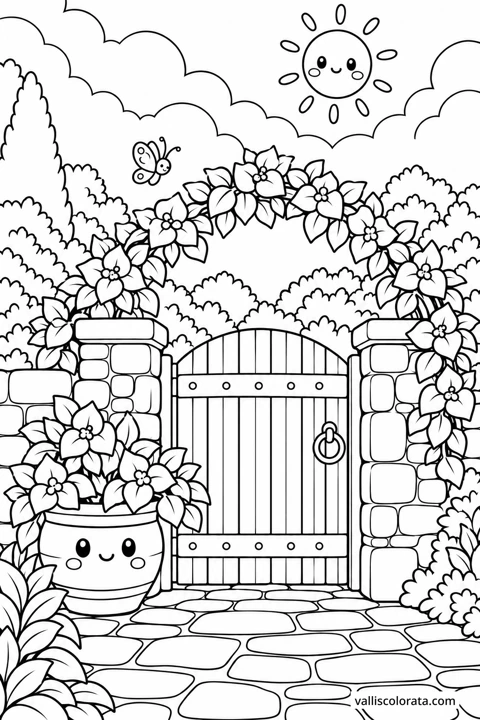 Bougainvillea over the Gateway. A Kawaii coloring page from Adriatic Stillness. Download the branded PNG or A4 PDF.