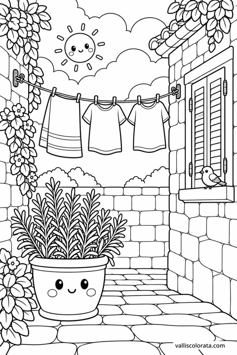 Clothesline above the Lane. A Kawaii coloring page from Adriatic Stillness. Download the branded PNG or A4 PDF.