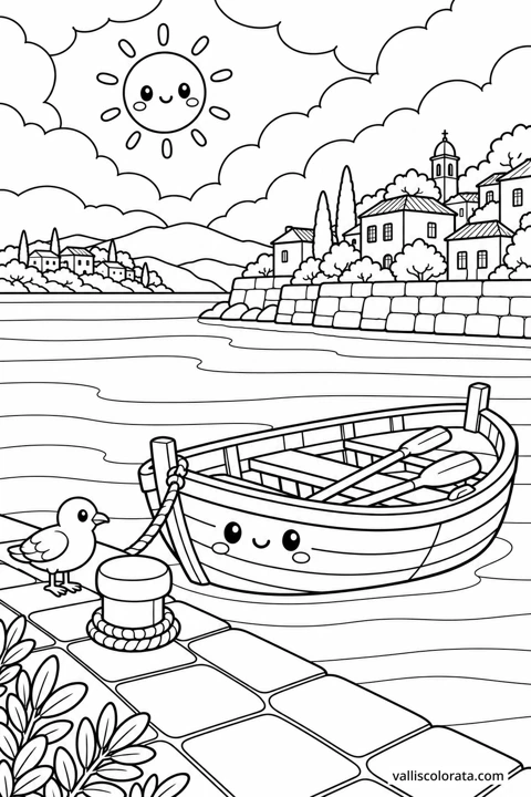 Mala barka u zaklonjenoj luci. Bojanka iz kolekcije Jadranski mir. Preuzmite PNG s oznakom Vallis Colorata ili A4 PDF.