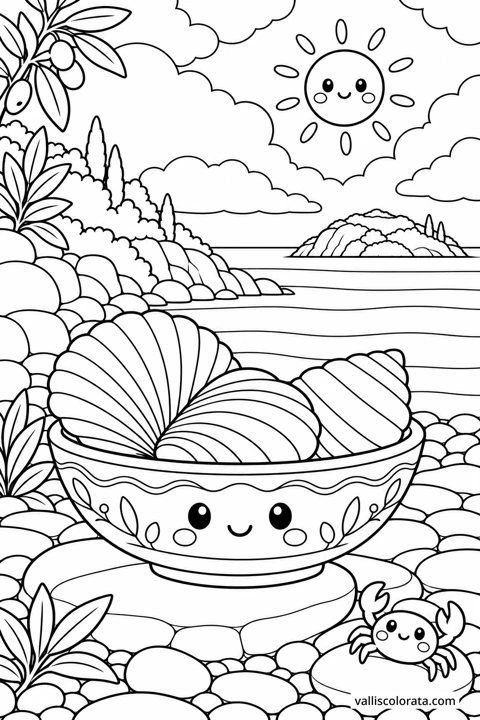 Shells beside the Cove. A Kawaii coloring page from Adriatic Stillness. Download the branded PNG or A4 PDF.