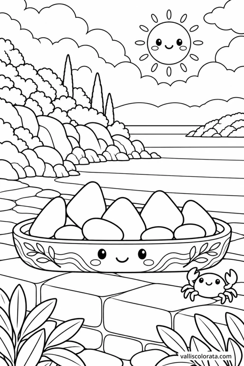 Pebbles and Sea Glass. A Kawaii coloring page from Adriatic Stillness. Download the branded PNG or A4 PDF.