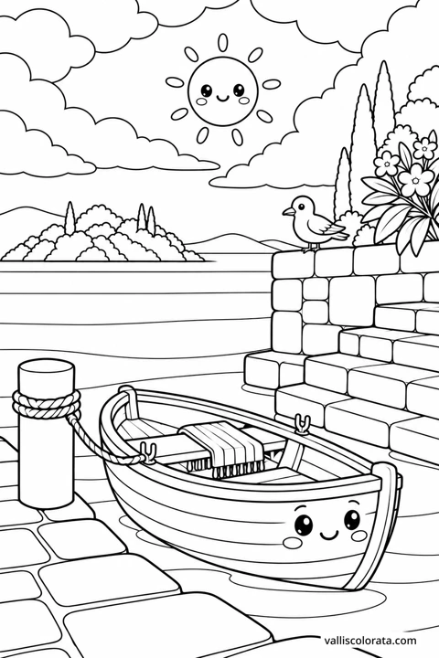Barka pod lučkim stubama. Bojanka iz kolekcije Jadranski mir. Preuzmite PNG s oznakom Vallis Colorata ili A4 PDF.