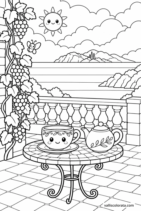 Tea on the Sea Terrace. A Kawaii coloring page from Adriatic Stillness. Download the branded PNG or A4 PDF.