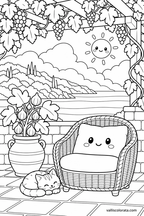 Cushioned Chair under the Vine. A Kawaii coloring page from Adriatic Stillness. Download the branded PNG or A4 PDF.