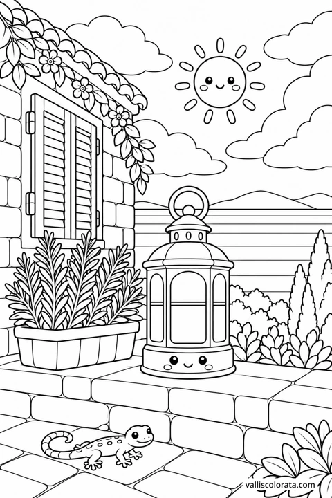Lantern beside the Shutters. A Kawaii coloring page from Adriatic Stillness. Download the branded PNG or A4 PDF.