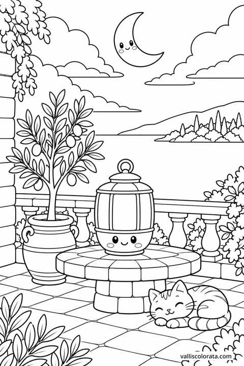 Moon above the Quiet Terrace. A Kawaii coloring page from Adriatic Stillness. Download the branded PNG or A4 PDF.