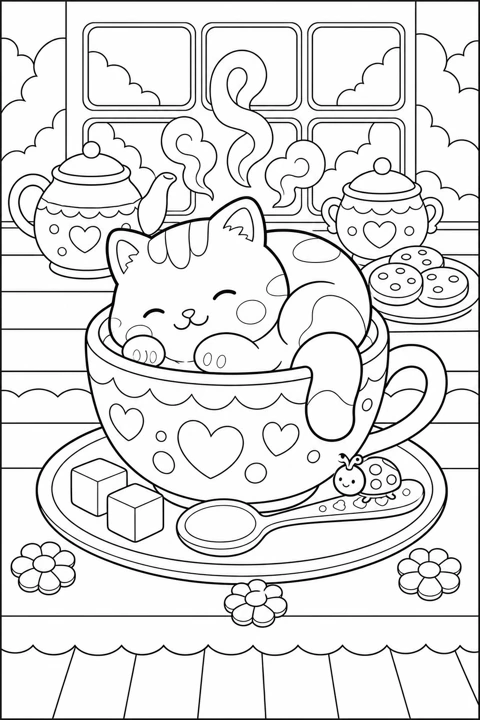 A sleepy cat curls up in a patterned teacup, surrounded by a cozy afternoon tea.