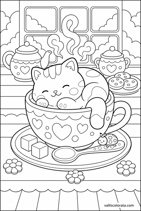 A sleepy cat curls up in a patterned teacup, surrounded by a cozy afternoon tea.