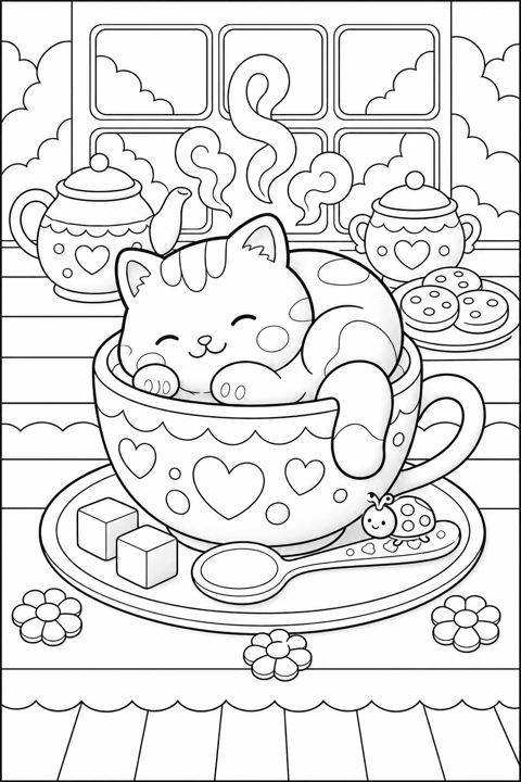 A sleepy cat curls up in a patterned teacup, surrounded by a cozy afternoon tea.