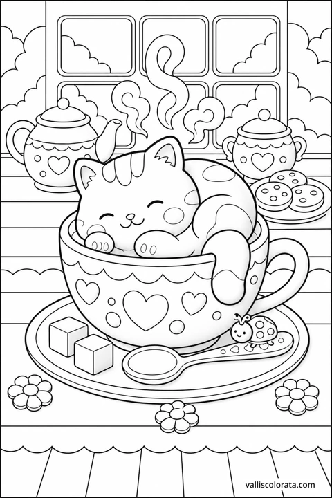 A sleepy cat curls up in a patterned teacup, surrounded by a cozy afternoon tea.