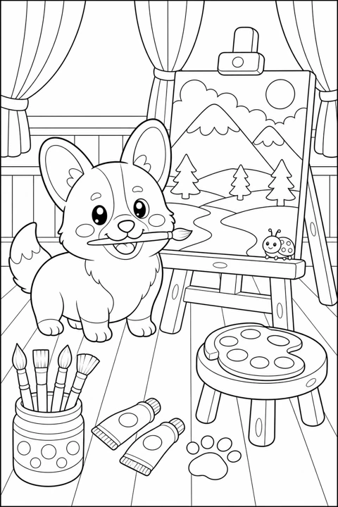 A corgi paints a mountain landscape in a studio filled with brushes, paints and an easel.