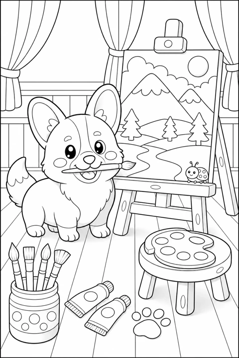 A corgi paints a mountain landscape in a studio filled with brushes, paints and an easel.
