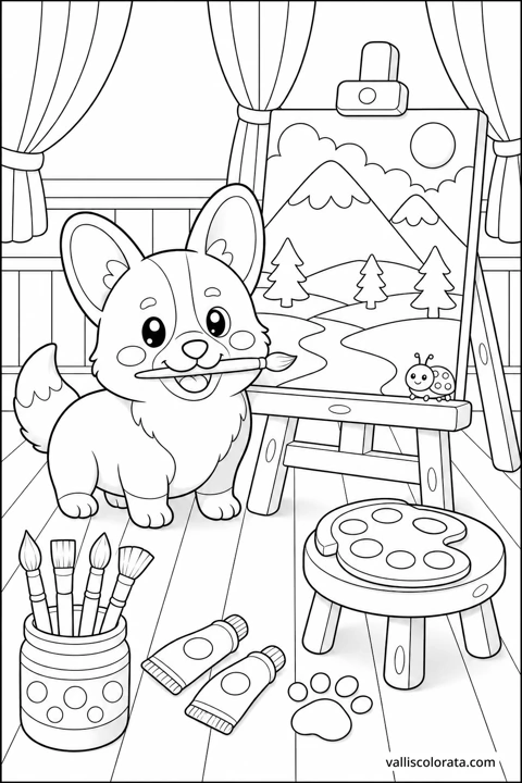 A corgi paints a mountain landscape in a studio filled with brushes, paints and an easel.