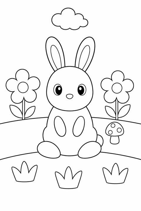 A cheerful rabbit sits between two flowers, with a mushroom and a small cloud.