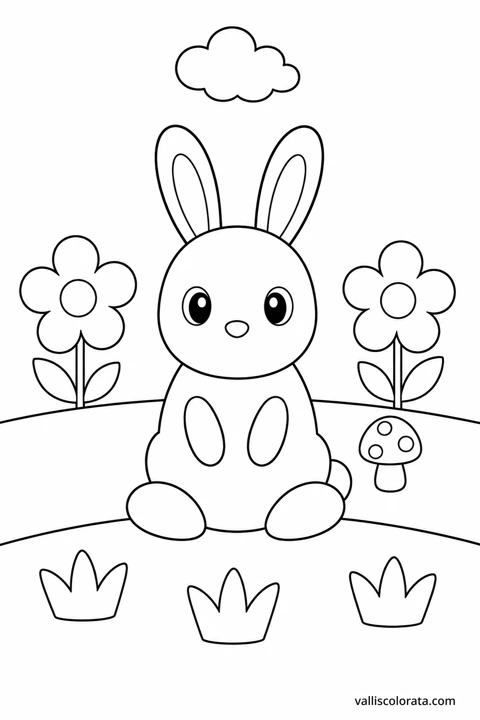 A cheerful rabbit sits between two flowers, with a mushroom and a small cloud.