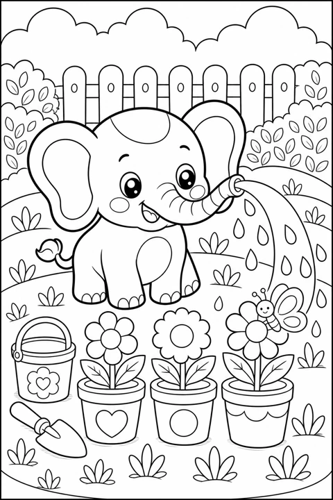 A young elephant waters potted flowers with its trunk beside a garden fence.