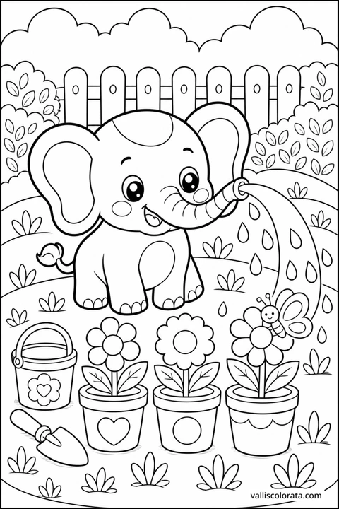 A young elephant waters potted flowers with its trunk beside a garden fence.