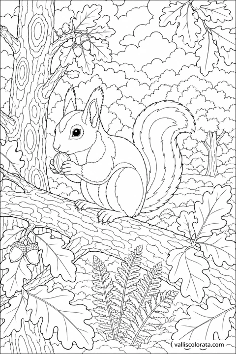 A Eurasian red squirrel sits among oak branches, textured bark, leaves and woodland plants.
