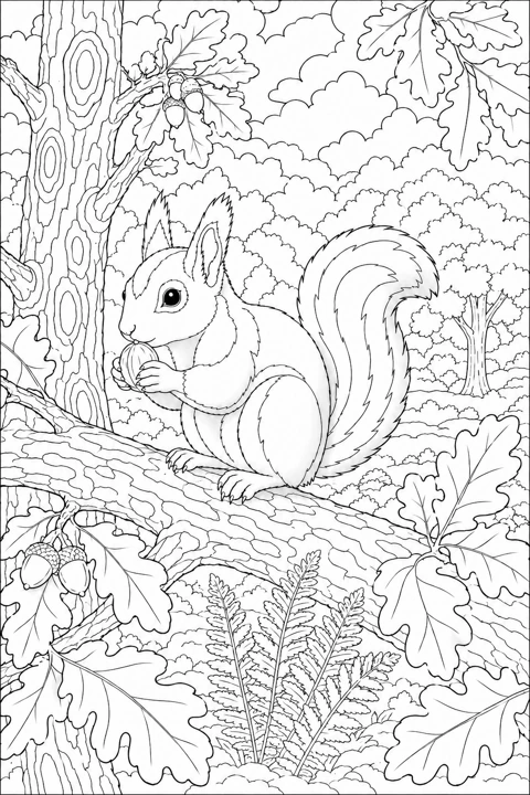 A Eurasian red squirrel sits among oak branches, textured bark, leaves and woodland plants.