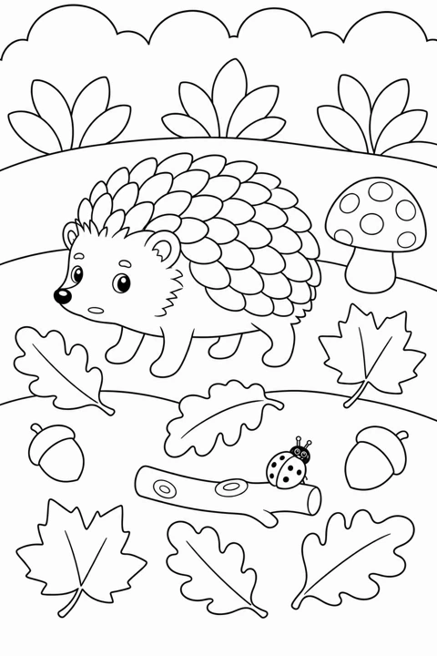 A hedgehog walks among fallen oak leaves, acorns and a woodland mushroom.