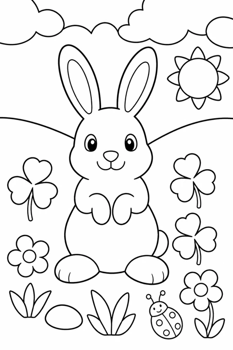 A round rabbit sits in a flower-filled meadow with a ladybird and the sun overhead.