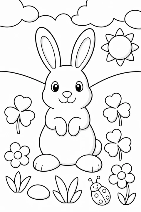 A round rabbit sits in a flower-filled meadow with a ladybird and the sun overhead.
